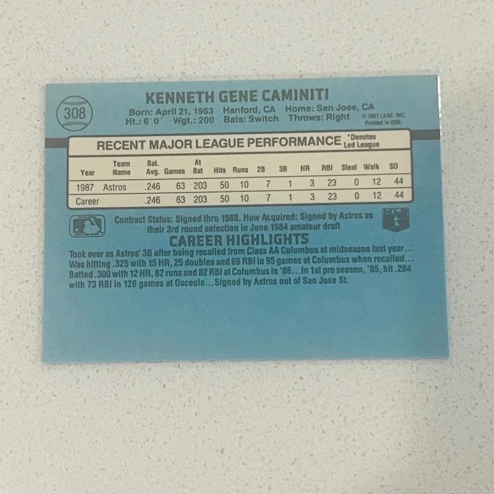 1988 Donruss Ken Caminiti Houston Astros Rookie Card 308 MLB Baseball